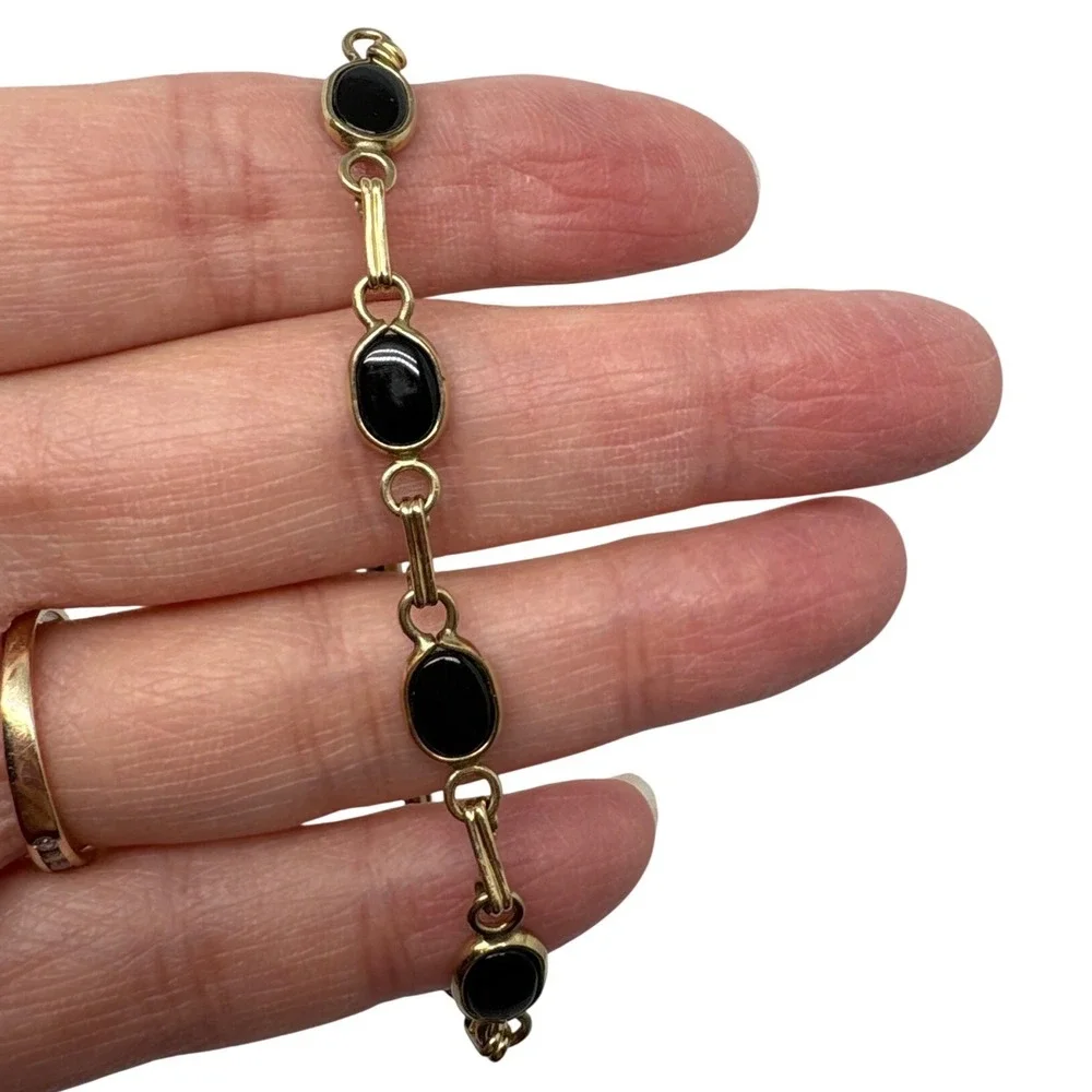 Carla 14K Gold Filled Black Onyx Oval Link Bracelet 7‎ Inch